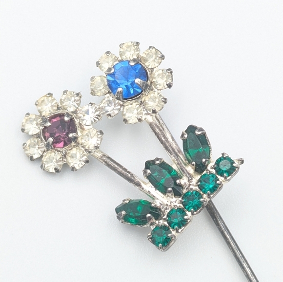 Vintage mid-century very sparkly rhinestone flower stick pin / hat pin/lapel pin - Picture 3 of 6
